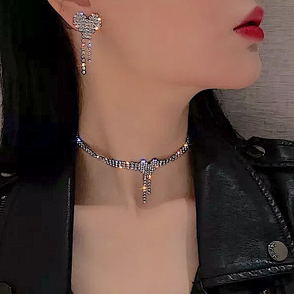 Silver Heart Tassel Rhinestone Choker Matching Earrings Set